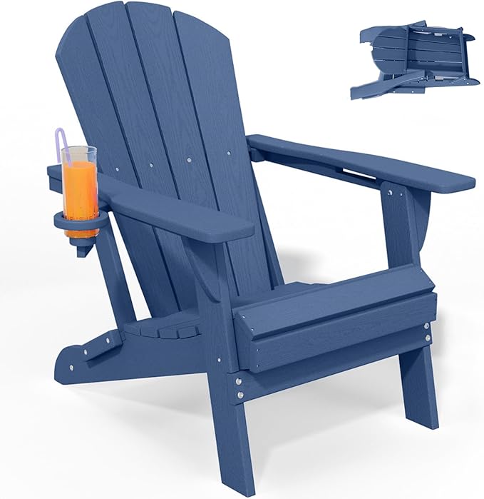 Foldable Adirondack Chair with Cup Holder-Heavy Duty Recycled HDPE Outdoor Patio Furniture, Weather Resistant Deck Lawn Fire Pit Chair (Navy, 1 Chair)