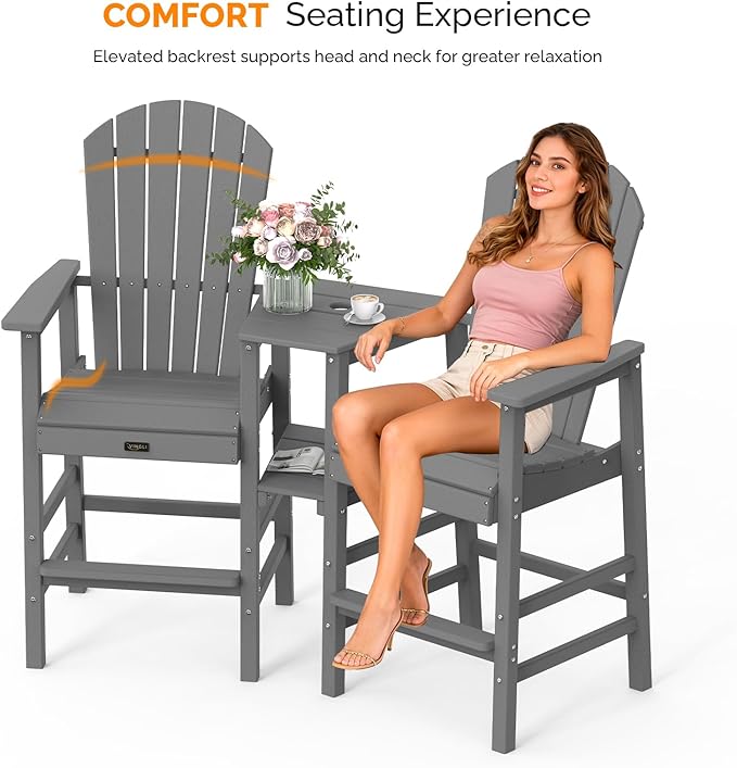 VINGLI Tall Adirondack Chairs Set of 2, All Weather HDPE Bar Height Adirondack Chair with Double Trays, Adirondack Barstools for Balcony, Poolside, Backyard and Patio (Grey)