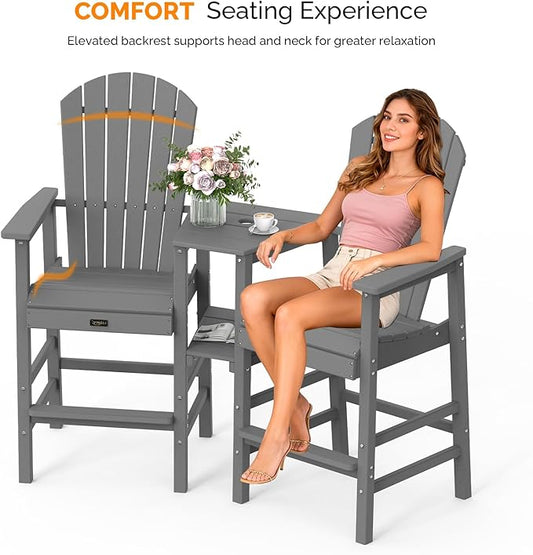VINGLI Tall Adirondack Chairs Set of 2, All Weather HDPE Bar Height Adirondack Chair with Double Trays, Adirondack Barstools for Balcony, Poolside, Backyard and Patio (Grey)