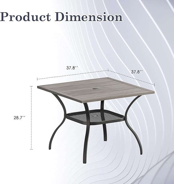 Outdoor Dining Table with Adjustable Umbrella Hole, 37.8" All-Weather Square Patio Dining Table for 4, Metal Patio Table for Garden Lawn Porch Deck Yard, Grey