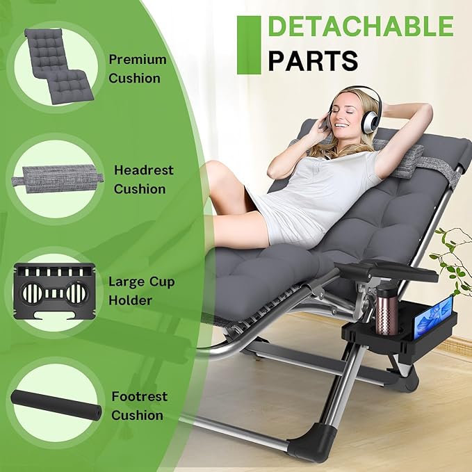 ZENPETIO 29In XL Zero Gravity Chair w/Cushion, Zero Gravity Recliner Lounge Chair for Indoor and Outdoor - Photo 4