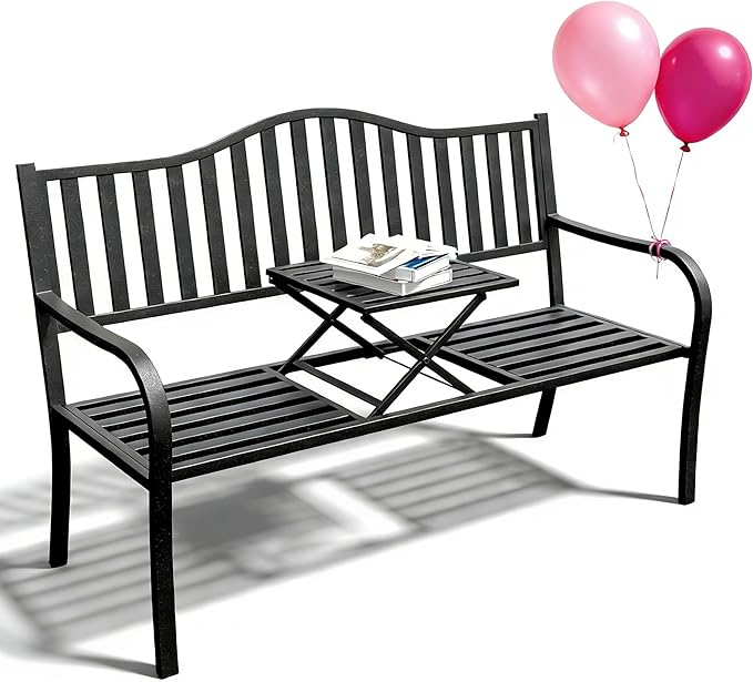 YLGJ&TIDY 50 Inches Garden Benches for Outdoor Patio Bench with Stripe Pattern Backrest Armrest Weatherproof Park Benches Metal Bench for Garden Park Porch Lawn Yard (BENCH04)