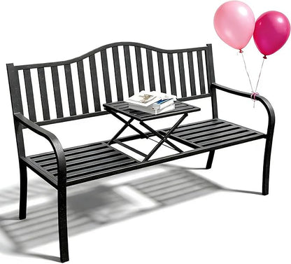 YLGJ&TIDY 50 Inches Garden Benches for Outdoor Patio Bench with Stripe Pattern Backrest Armrest Weatherproof Park Benches Metal Bench for Garden Park Porch Lawn Yard (BENCH04)