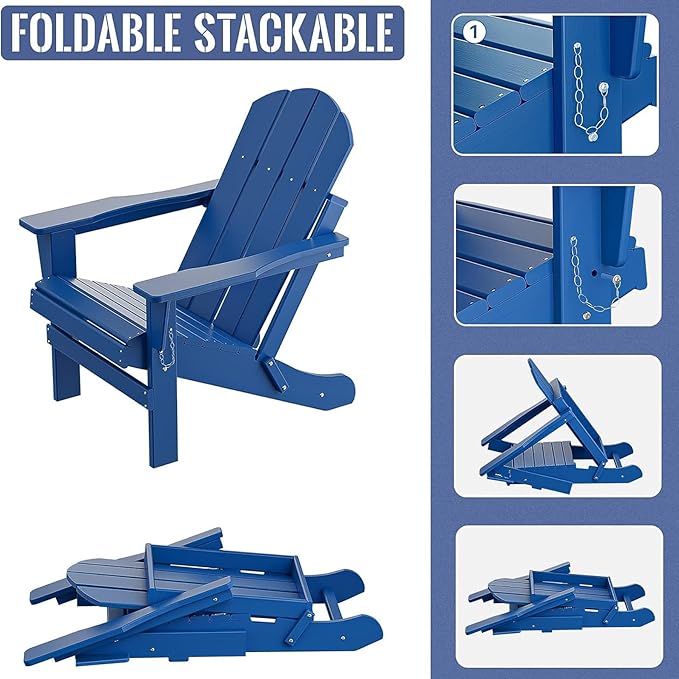 Folding Adirondack Chair, All-Weather Fire Pit Chairs, Oversized All Weather Resistant Outdoor Adirondack Chair for Firepit Area BBQ Beach Deck Garden Lawn Backyard Pool (Navy Blue)