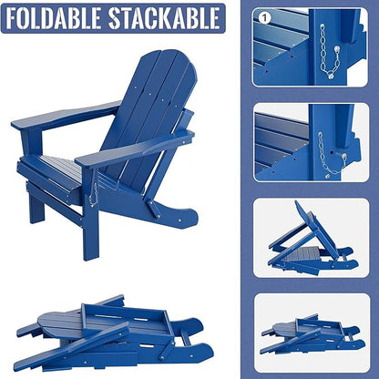 Folding Adirondack Chair, All-Weather Fire Pit Chairs, Oversized All Weather Resistant Outdoor Adirondack Chair for Firepit Area BBQ Beach Deck Garden Lawn Backyard Pool (Navy Blue)