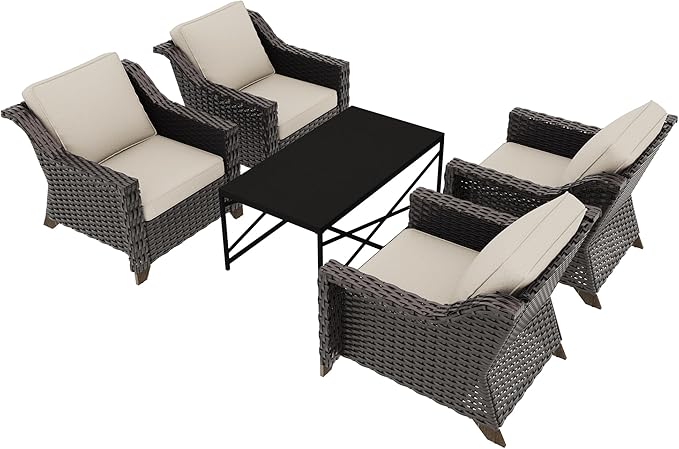 5 Pieces Outdoor Conversation Furniture Set - 4 PE Rattan Armchairs, 1 Metal Coffee Table - Photo 6