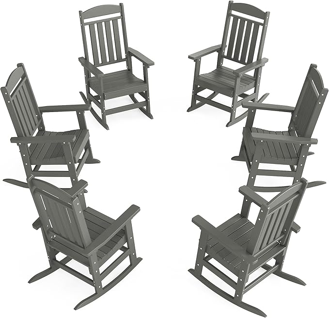 Outdoor Rocking Chairs Set of 6, Oversized High Back Patio Rocking Chairs, All Weather Porch Rocking Chairs for Outside. Dark Grey