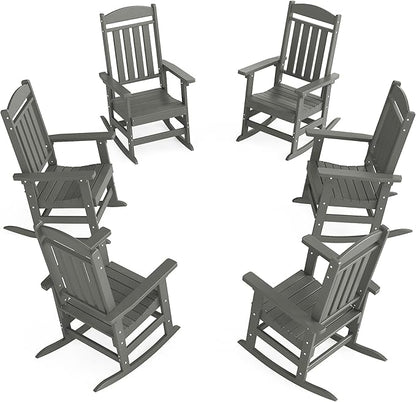 Outdoor Rocking Chairs Set of 6, Oversized High Back Patio Rocking Chairs, All Weather Porch Rocking Chairs for Outside. Dark Grey