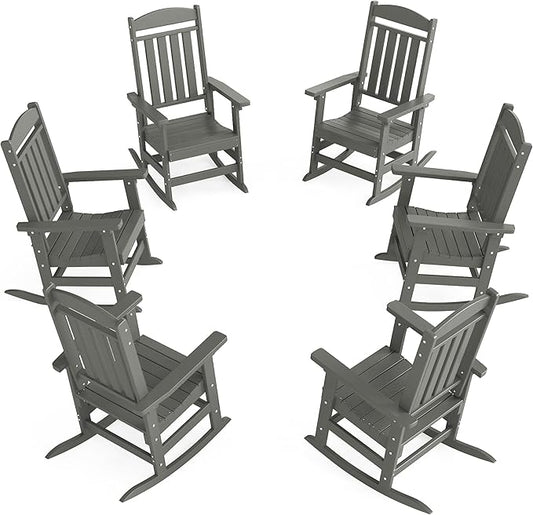 Outdoor Rocking Chairs Set of 6, Oversized High Back Patio Rocking Chairs, All Weather Porch Rocking Chairs for Outside. Dark Grey