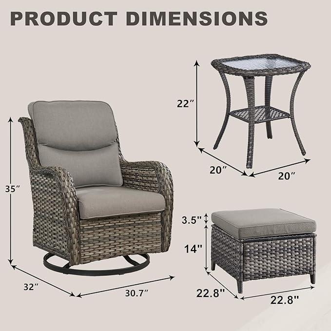Rilyson Wicker Patio Furniture Set - 5 Piece Rattan Outdoor Sectional Conversation Sets with 2 Swivel Rocking Chairs,2 Ottomans and 1 Side Table for Porch Deck Garden(Mixed Grey/Grey/Smile)