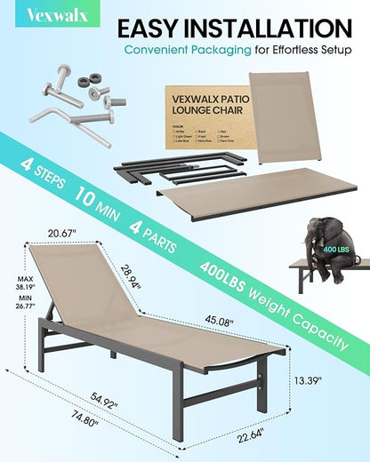 Outdoor Lounge Chair for Pool, Aluminum Chaise Lounge Chairs with 5-Position Recliner, Patio Lounge Chair for Backyard, Poolside, Deck, Lawn (Khaki)