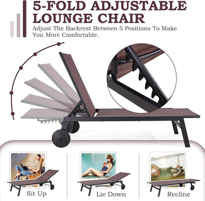 EROMMY Patio Chaise Lounge Chair Set of 2 with Table, Adjustable Backrest & Wheels, Waterproof Outdoor Poolside Recliners for Garden, Deck, Lawn, Backyard
