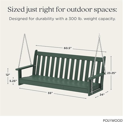 POLYWOOD Vineyard 5-Foot Porch Swing, Heavy Duty HDPE Outdoor Hanging Bench, Patio Swing for Adults Kids, Deck Garden Furniture, Green
