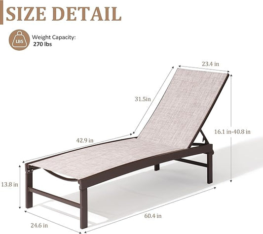 Patio Aluminum Chaise Lounge Chair, Set of 2 Outdoor Recliner Lounge Chair Sun Loungers, All Weather Chaise with 5 Adjustable Backrest and Lay Flat Positions for Garden, Balcony, Pool