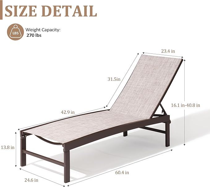 Chaise Lounge Chair, Set of 6 Outdoor Recliner Lounge Chair Sun Loungers, All Weather Chaise with 5 Adjustable Backrest and Lay Flat Positions for Garden, Balcony, Pool, Beige