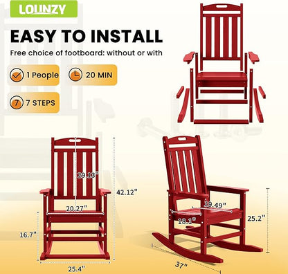 LOUNZY Outdoor Rocking Chair, HDPE Patio Rocking Chair with Footboard for Adults, All Weather Heavy Duty Front Porch Rocker, Dark Red