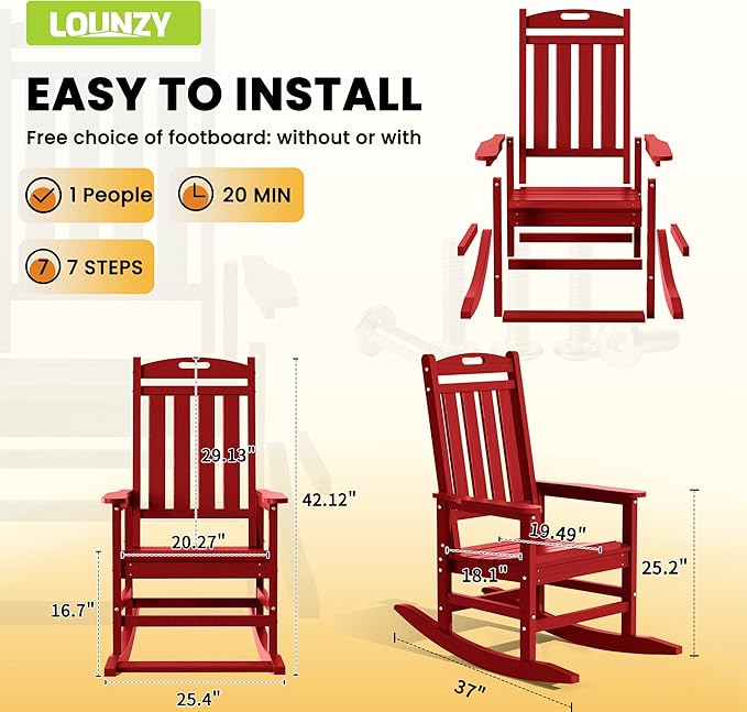 LOUNZY Outdoor Rocking Chair with Footboards Set of 4, HDPE Rocking Chair Patio Porch Rocker with 380lbs Support for Adult, Dark Red