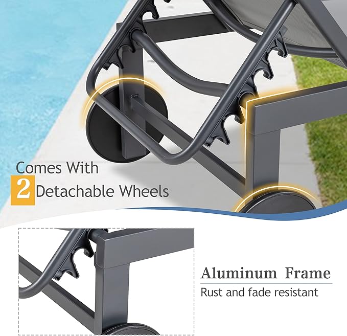 QAQA Patio Chaise Lounge Set of 2, Outdoor Lounge Chairs with 5 Adjustable Positions and Wheels - Photo 4