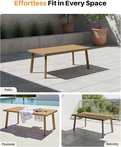 Patio Coffee Table, Never-Rust Aluminum Outdoor Coffee Table with Wood Grain Texture, Modern Rectangle Garden Coffee Table with Slatted Tabletop for Porch, Decks, Indoor, Balcony, Teak | Never-Rust, Wood Grain Texture, Slatted Tabletop