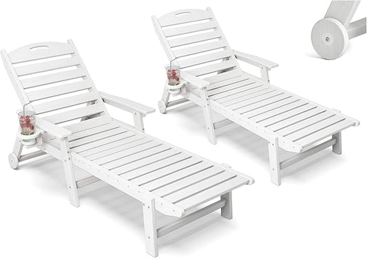 Patio Chaise Lounge Chair Set of 2, HDPE Outdoor Lounge Chairs with 5-Position Adjustable Backrest, Cup Holder and Wheels, 450lbs Capacity for Poolside Deck Backyard, All Weather Material(White)