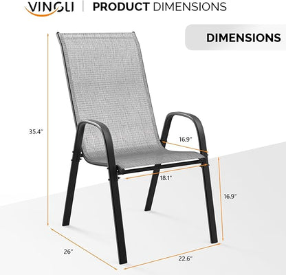 VINGLI Patio Chairs Set of 2 – Stackable Outdoor Dining Chairs with Comfortable Sling High Back Chairs and Armrests for Lawn, Poolside, Courtyard, Balcony, Garden, Silver Gray