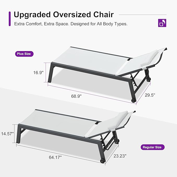 PURPLE LEAF Outdoor Oversized Lounge Chair Set Patio Chaise Pool Lounger Aluminum Frame with 2 Side Table and Wheels for Outside Sunbathing Tanning Recliner Including Pillows White