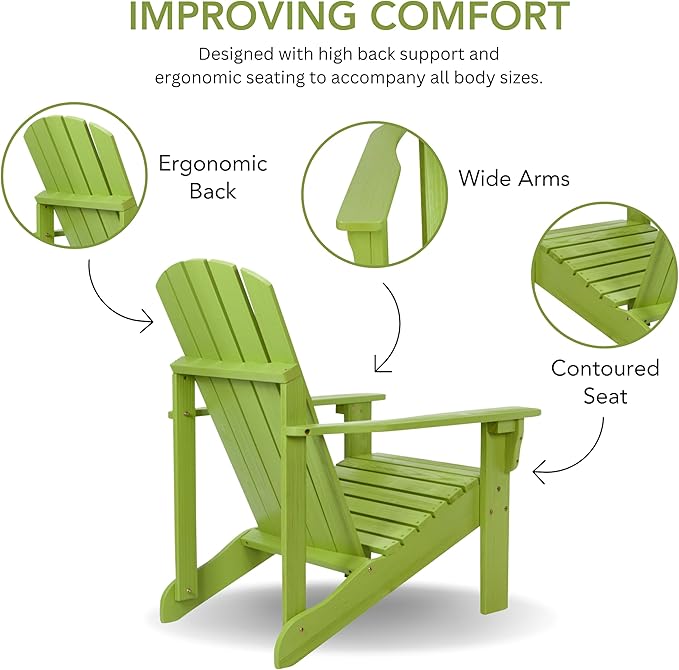 Shine Company Mid-Century Modern Wooden Adirondack Chair, Outdoor Patio Firepit Chairs, Back & Seat Pre-Assembled, Lime Green