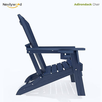 nevilywood HDPE Folding Adirondack Chair Set of 2,Waterproof All-Weather Outdoor Design with Cup Holder,Suitable for Fire Pit, Patio & Beach, Navyblue