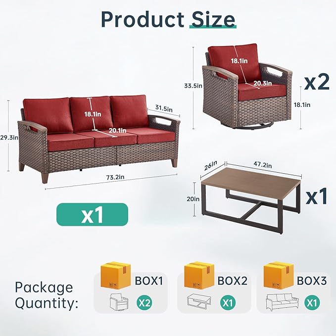 Luxury 4 Piece Heavy Duty Patio Furniture Set with Swivel Chairs - All Weather Wicker Comfort Thick Cushion Outdoor Conversation Set with Sofa & Coffee Table for Porch Poolside Deck - Red