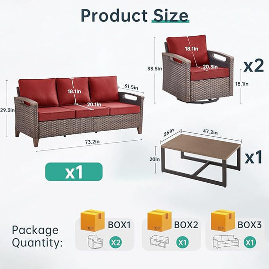 Luxury 4 Piece Heavy Duty Patio Furniture Set with Swivel Chairs - All Weather Wicker Comfort Thick Cushion Outdoor Conversation Set with Sofa & Coffee Table for Porch Poolside Deck - Red