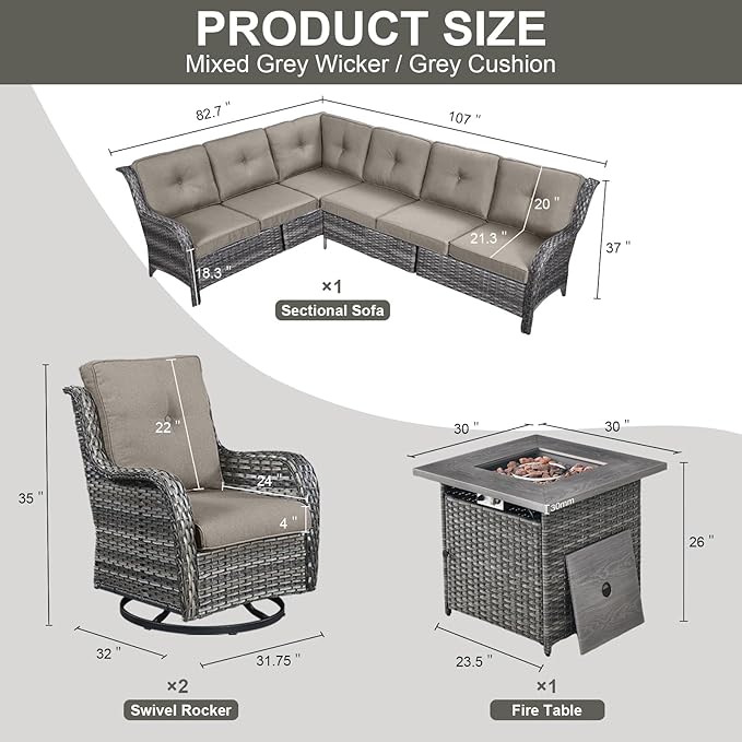 Belord Patio Furniture Set with Fire Pit Table, Outdoor Swivel Rocker Patio Chairs, Oversized Outdoor Sectional Couch - Photo 2