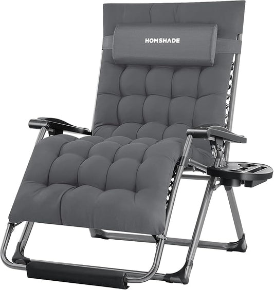 HOMSHADE XXL Zero Gravity Chair with Cushion, 33In Oversized Zero Gravity Lounge Chair, Patio Outdoor Recliner Chair for Indoor Outdoor with Headrest, Cup Holder, Footrest Support 500Lbs, Grey
