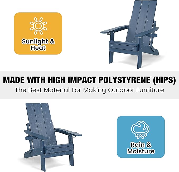 Mega Casa Poly Lumber Adirondack Chair with Cup Holders, Ottoman and Cushion, Adjustable Backrest, All-Weather Resistant HIPS Material, Wood-Like Pattern, Heavy Duty 700 LBS (Navy Blue)