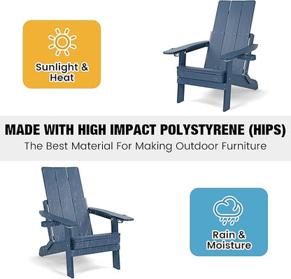 Mega Casa Poly Lumber Adirondack Chair with Cup Holders, Ottoman and Cushion, Adjustable Backrest, All-Weather Resistant HIPS Material, Wood-Like Pattern, Heavy Duty 700 LBS (Navy Blue)