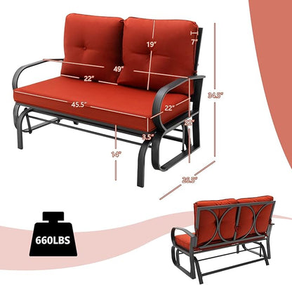 Giantex 2 Seats Glider Bench for Outside, Patio Glider Porch Loveseat w/Cushions & Powder Coated Steel Frame, Double-Seat Outdoor Glider for Patio, Garden, Backyard (Red)