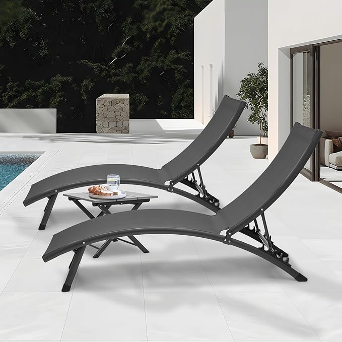 MoNiBloom Outdoor Chaise Lounge Set of 3, Black Aluminum Frame Adjustable Lounge Chairs with Folding Side Table, Breathable All Weather Wavy Sun Lounger for Reading and Sunbathing, 350 Lbs Capacity
