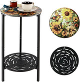 2-Tier Metal Round Side Table Black Accent Coffee Tables Small Space Corner Plant Stand Shelf for Indoor Outdoor Use - Photo 1