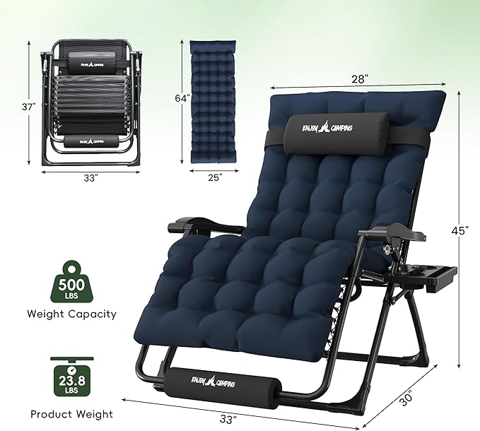 Amopatio Oversized Zero Gravity Padded Chair w/Removable Cushion&Headrest, XXL 33In Reclining Camping Lounge Chair Upgraded Lock and Footrest, Folding Patio Recliner for Indoor Outdoor, Navy