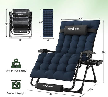 Amopatio Oversized Zero Gravity Padded Chair w/Removable Cushion&Headrest, XXL 33In Reclining Camping Lounge Chair Upgraded Lock and Footrest, Folding Patio Recliner for Indoor Outdoor, Navy