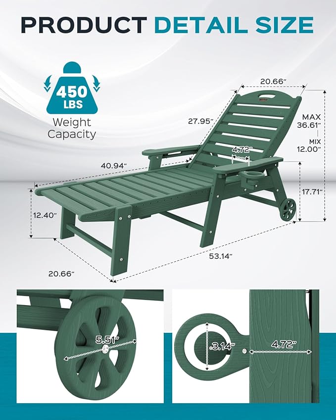 Chaise Lounge Chair Outdoor with Wheels, Adjustable 5-Position Chaise Lounge Outdoor with Wood Texture, Patio Lounge Chair for Poolside Backyard, Green