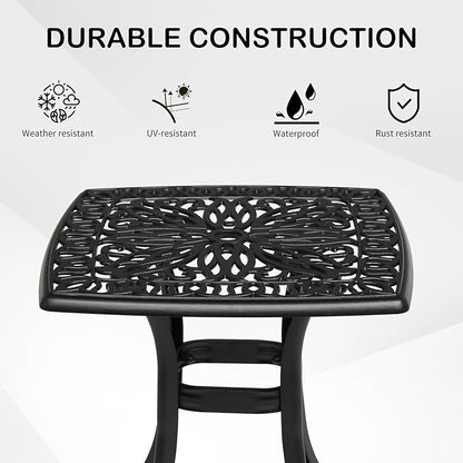 VINGLI 21" Cast Aluminum Outdoor Side Table with Umbrella Hole, All Weather Patio Side Table Bistro Table for Balcony, Yard and Porch (Black)
