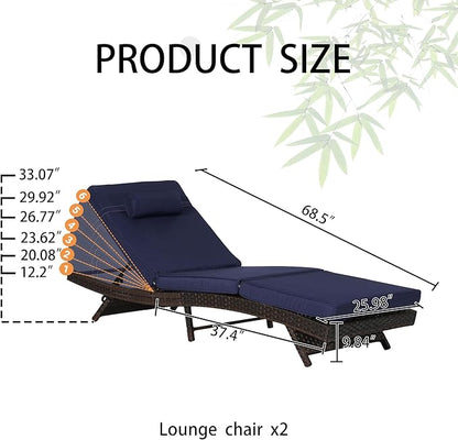 Outdoor Lounge Chairs Set of 2,Wicker Chaise Lounge Chair Pool Chaise Lounge,Patio Lounge Chair with Adjustable Backrest Arm Cushion for Poolside