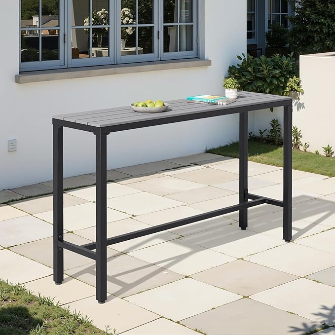 Crestlive Products Outdoor Bar Table, 55'' Rectangle Patio Counter Height Table High Pub Table with Waterproof Top and Sturdy Metal Frame for Balcony, Bistro, Garden, Backyard, Hot Tub (Gray)