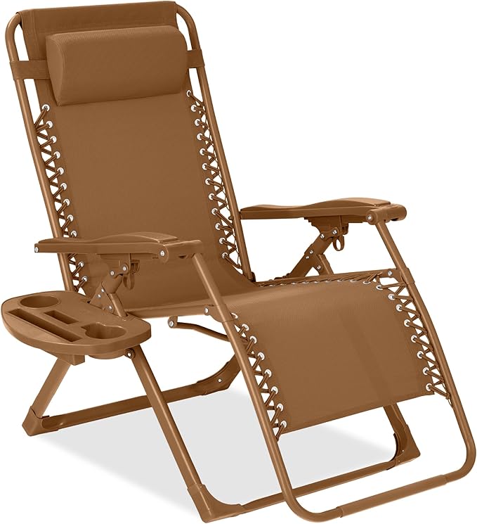 Best Choice Products Adjustable Zero Gravity Chair, Monochromatic Color Folding Patio Recliner w/Side Tray, Headrest - Desert