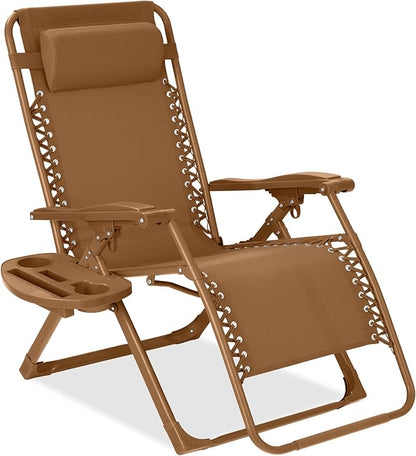 Best Choice Products Adjustable Zero Gravity Chair, Monochromatic Color Folding Patio Recliner w/Side Tray, Headrest - Desert