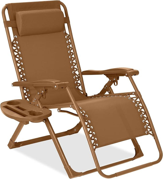 Best Choice Products Adjustable Zero Gravity Chair, Monochromatic Color Folding Patio Recliner w/Side Tray, Headrest - Desert