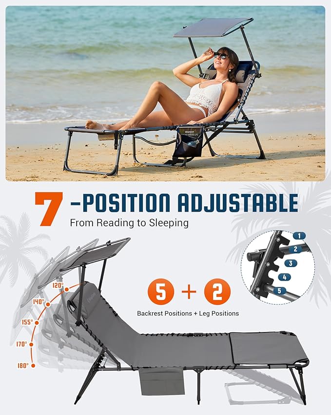 KingCamp Lounge Chair with face Hole & Canopy Shade, 400LBS Folding Portable Tanning Chair with face Hole, Adjustable 5-Position Foldable Beach Sun Tanning Chair for Outside Beach Patio Outdoor Pool
