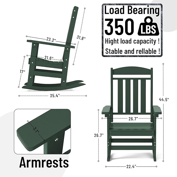 Outdoor Rocking Chairs Set of 8, Oversized High Back Patio Rocking Chairs, All Weather Porch Rocking Chairs for Outside. Dark Green