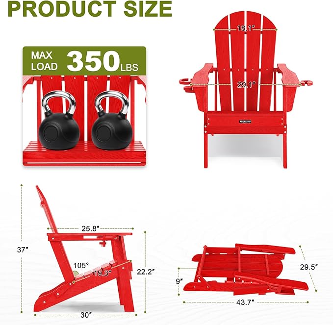 Folding Adirondack Chair with Dual Cup Holders, All-Weather HDPE Patio Chair Deck Chairs Outdoor, Fire Pit Chairs for Garden, Lawn, Poolside, Backyard, Pool - Red (Wood-Look)
