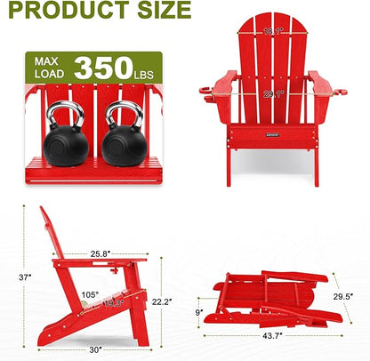 Folding Adirondack Chair with Dual Cup Holders, All-Weather HDPE Patio Chair Deck Chairs Outdoor, Fire Pit Chairs for Garden, Lawn, Poolside, Backyard, Pool - Red (Wood-Look)